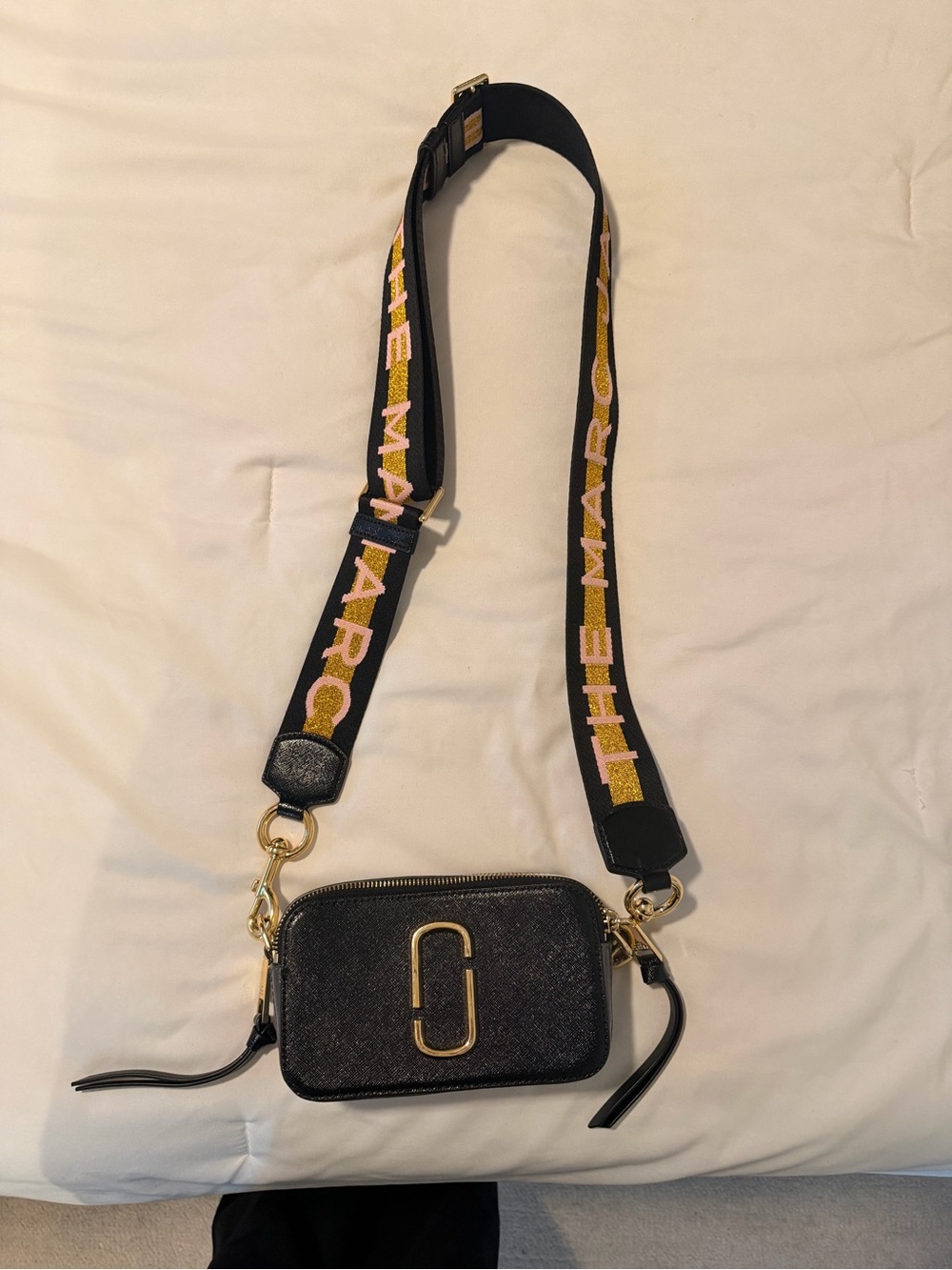 Marc Jacobs Black Snapshot Crossbody with Gold Logo and Branded Strap